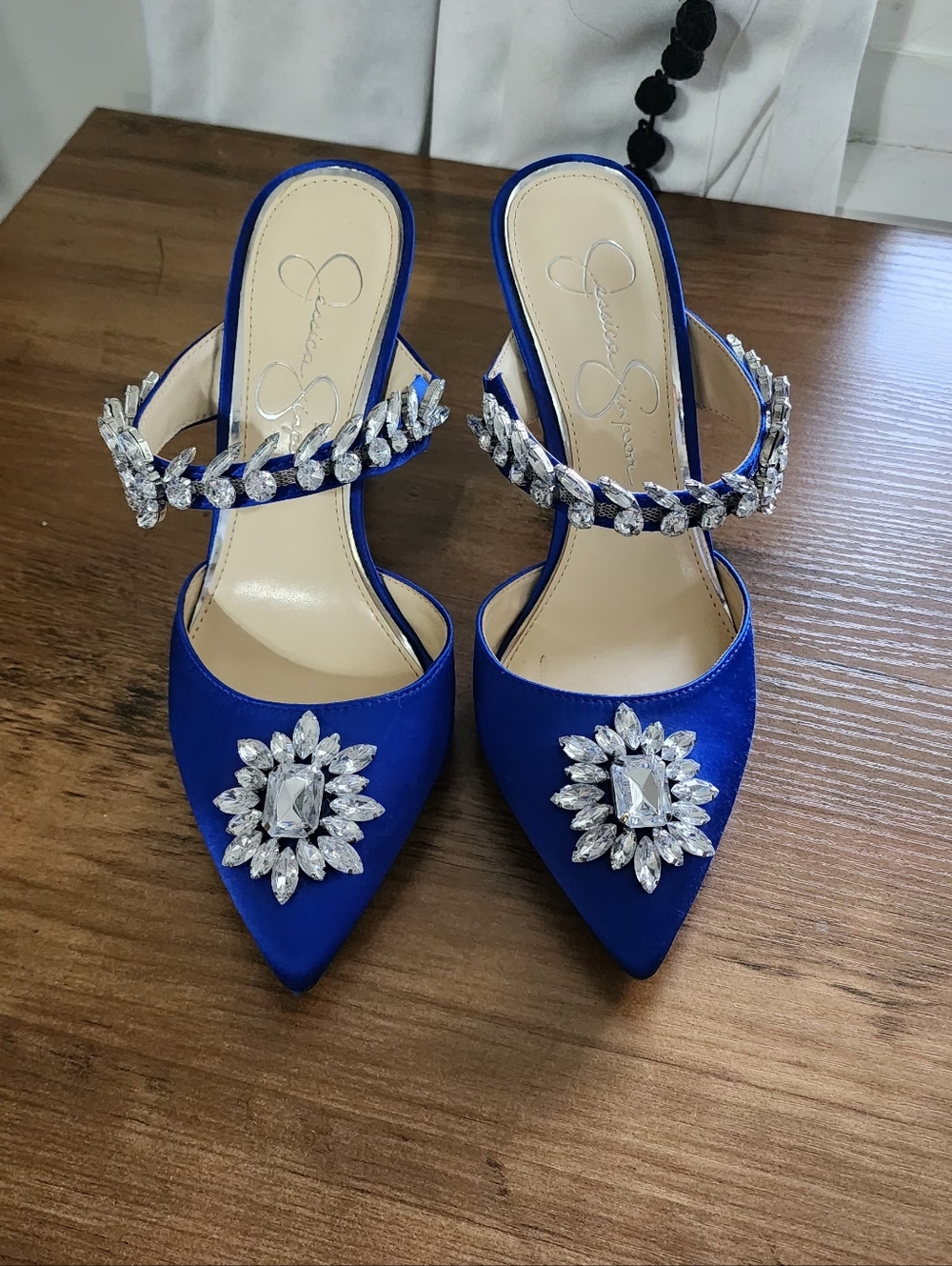 Jessica Simpson Sapphire Blue Crystal-Embellished Satin Mules - Picture 2 of 7